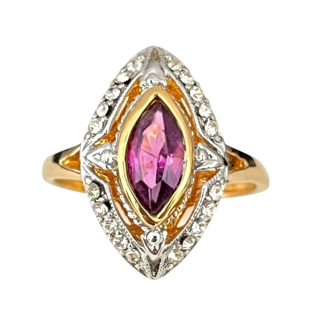 Vintage 1970s Ring Art Deco Revival Size 5 Purple Navette 18K Gold Plate - 14F